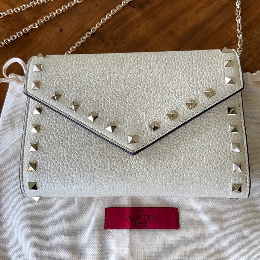 Valentino Rockstud Cross body calfskin wallet with chain strap